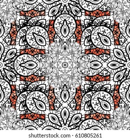 Seamless white texture curls. Oriental style arabesques. Brilliant lace, stylized flowers, paisley. Openwork delicate white pattern. Seamless pattern on background with white elements. Vector design.