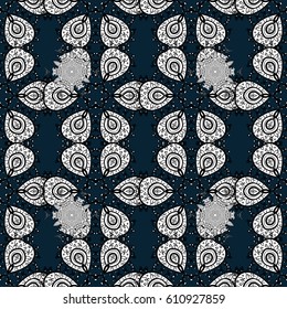 Seamless white texture curls. Oriental style arabesques. Brilliant lace, stylized flowers, paisley. Openwork delicate white pattern. Seamless pattern on blue background with white elements. Vector art