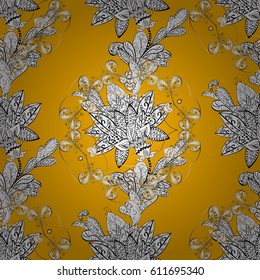 Seamless white texture curls. Vector oriental style arabesques. Brilliant lace, stylized flowers, paisley. Openwork delicate white pattern. Seamless pattern on yellow background with white elements.