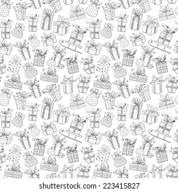 Seamless white  texture with cute gift boxes. Can be used for wallpaper, pattern fills, textile, web page background, surface textures. Vector illustration. 