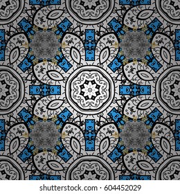 Seamless white textured curls. White elements in oriental style arabesques. Vector white seamless pattern. Seamless pattern on blue background.