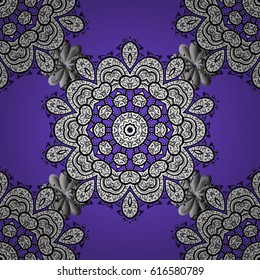 Seamless white textured curls. White elements in oriental style arabesques. Vector white seamless pattern. Seamless pattern on violet background.