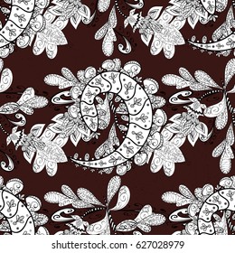 Seamless white textured curls. White elements in oriental style arabesques. Vector white seamless pattern. Seamless pattern on brown background.