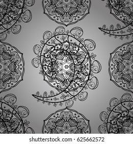 Seamless white textured curls. Seamless pattern on gray background. White elements in oriental style arabesques. Vector white seamless pattern.