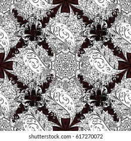 Seamless white textured curls. Vector white pattern. Vector illustration. Brown background with white elements. Oriental style arabesques.