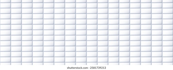 Seamless white tile pattern. Rectangle ceramic tiled texture for bathroom wall, kitchen floor, pool surface. Repeating light grey mosaic grid background. Repeated brick backdrop. Vector wallpaper