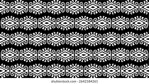 Seamless white tribal stripe diamond pattern on black, perfect for fabric, decor, and background use.
