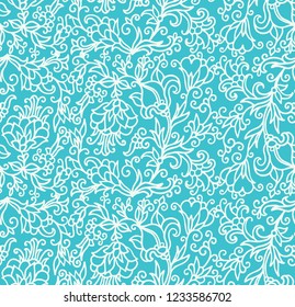 Seamless white - turquoise  vector floral pattern , pastel palette, kalamkari style