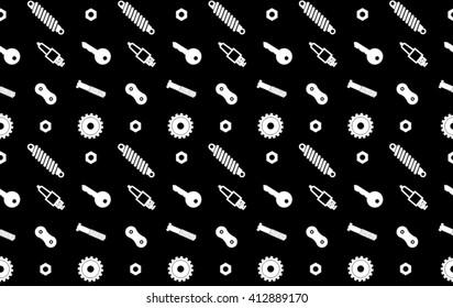 Seamless white vector car motorcycle pattern of gears, bolts, springs, screws, spark plugs and keys on black background
