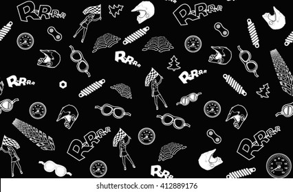 Seamless white vector car motorcycle pattern of points, helmets, tire tracks, speedometer, trees, girls, flags, springs, nuts and inscriptions on black background