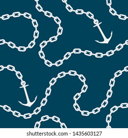 Seamless white vector chain with steel ship anchor. Blue background.