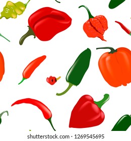 Seamless white vector pattern with various pepper types