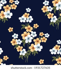 seamless white vector small flower pattern on navy background