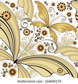 Seamless white vintage pattern with gold striped butterflies (vector)