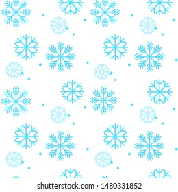Seamless white winter pattern with snowflakes on blue background. Vector illustration.