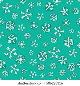 Seamless white winter pattern with snowflakes on green background. Vector illustration.