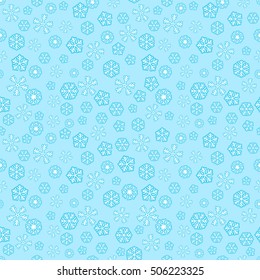 Seamless white winter pattern with snowflakes on blue background. Vector illustration.
