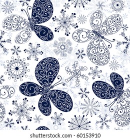 Seamless white-blue christmas pattern with snowflakes and butterflies (vector)