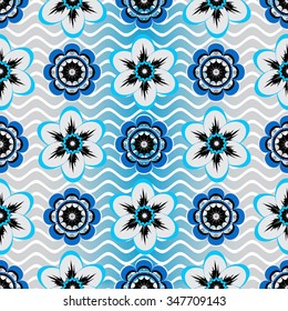 Seamless white-gray-blue floral pattern with vintage flowers, vector