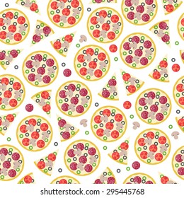 Seamless whole pizza and pieces pattern. Fast food background. 