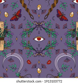 Seamless wicca pattern with candles, sickles, twigs and moths. Herbal healing and shamanism - esoteric print design. Witch of Darkness, Dark magician, Gypsy - pagan and occult seamless ornament