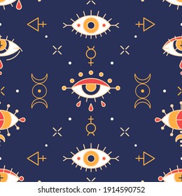 Seamless wicca pattern with esoteric eyes and Triple Goddess symbol. Providence and shamanism - esoteric print design. Fortune teller or Gypsy - pagan and occult seamless ornament with evil eyes