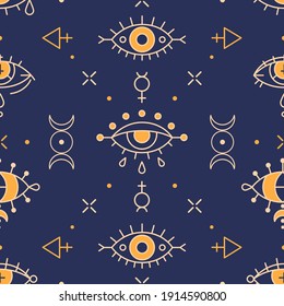 Seamless wicca pattern with esoteric eyes and Triple Goddess symbol. Providence and shamanism - esoteric print design. Fortune teller or Gypsy - pagan and occult seamless ornament with evil eyes