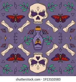 Seamless wicca pattern with skull, bones and potion bottle. Herbal healing and shamanism - esoteric print design. Witch of Darkness, Dark magician, Gypsy - pagan and occult seamless ornament