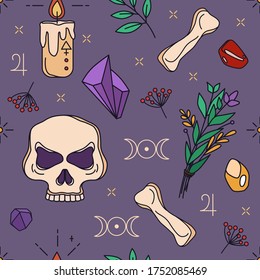 Patrón Wicca sin foco con cráneo, cristales, hierbas y vela. Magia blanca - adorno dibujado a mano. Impresión oculta de vectores para tela, textil, papel de embalaje, papel de papelería. Objetos místicos para brujería