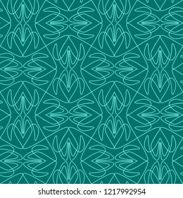 Seamless wicker pattern from turquoise geometrical abstract lines on a dark green background. Vector illustration. Suitable for fabric, wallpaper or wrapping paper
