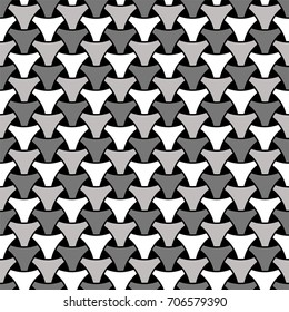 Seamless wickerwork triangle surface pattern. Black and white vector graphic. Repeated interlocking gray figures on black background.