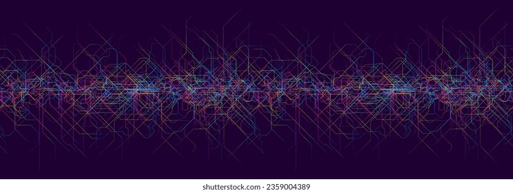 Tarjeta de circuito futurista abstracta y ancha sin inconveniente con líneas delgadas de gradiente de streaming enmarañadas y coloridas. Inteligencia Artificial, desarrollo de nuevas tecnologías o concepto de big data. Fondo del vector