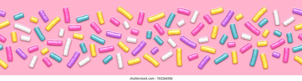 Seamless wide background of pink candy donut glaze with many decorative sprinkles.