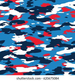 Seamless wide blue red and white military fashion camouflage pattern vector