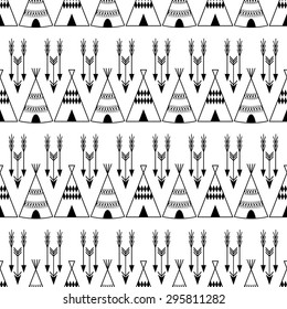 Seamless  wigwam illustration with arrows. Black and white indian background pattern in vector. Tee pee monochrome native american summer tent pattern.