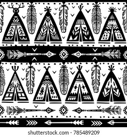 Seamless with wigwams, arrows and feathers