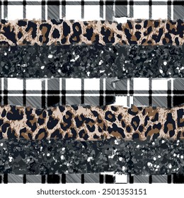 Seamless wild african animal leopard skin pattern with abstract collage art, glitter, plaid and tartan background elements in brown, grey, black and white