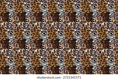 Patrón inconsútil del patchwork del animal salvaje con las texturas de la piel del leopardo de la cebra y de la jirafa para la Ilustración vectorial del diseño textil