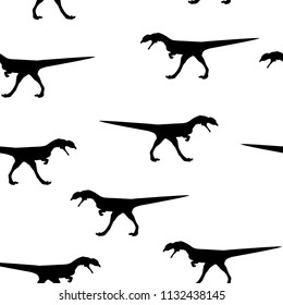 Seamless wild animal pattern big Dinosaur black silhouette isolated on white background. Kid baby boy drawing dino fossil wallpaper for playroom, cute decorative print for fabric cloth, vector eps 10