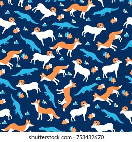 Seamless wild animal pattern, cartoon vector illustration, colorful fox, ram, sable isolated on blue backdrop, decorative texture with forest, for design wallpaper, textile, greeting card, invitation