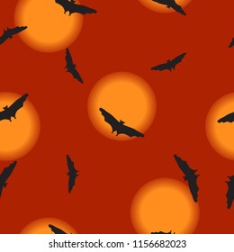 Seamless wild animals pattern Bats black silhouette flying, full moon on night sky. Halloween drawn cartoon print with flying spooky vampire shadow on orange, kids boo illustration, vector eps 10