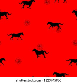 Seamless wild animals pattern black Horses silhouette and small red roses on red background. Modern pretty feminine floral print illustration horse and garden flowers, valentine day vector eps 10