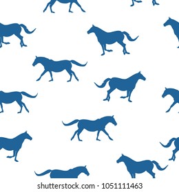 Seamless wild animals pattern blue silhouette horses running, isolated on white background, vector, eps 10