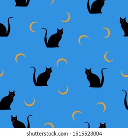 Seamless wild animals pattern Cats black silhouette, crescent on blue. Halloween paint cartoon print with feline, moon. Cute kid boo illustration for fabric textile or wall paper, vector eps 10