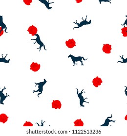 Seamless wild animals pattern cute small blue Horses silhouette, red roses on white background. Fantasy fairytale print illustration pony and flowers, hobby horse racing, vector eps 10