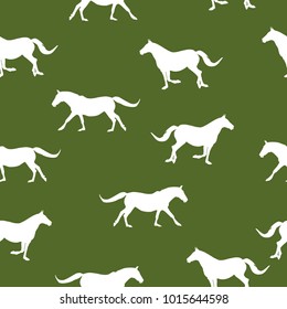 Seamless wild animals pattern white silhouette horses running, isolated on green olive background, vector, eps 10