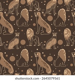 Seamless Wild Cat Drawing Pattern in Vector Style. Hand Drawn Seamless Pattern of Cheetahs, Lions, and Big Cats