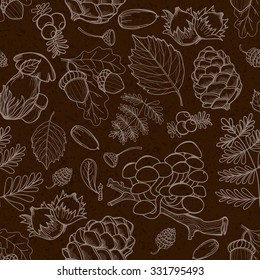 Seamless wild elements of nature, mushrooms, buds, plants, acorns, leaves. Vector drawing lines, autumnal theme
