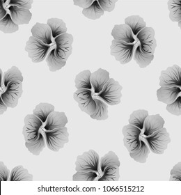 Seamless wild floral pattern with nasturtium. Hibiscus flowers background. Botanical Motifs scattered random. Texture for fashion print. Beautiful exotic plant. Vector illustration. Gray colors.