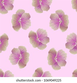 Seamless wild floral pattern with nasturtium. Hibiscus flowers background. Botanical Motifs scattered random. Texture for fashion print. Beautiful exotic plant. Vector illustration. Pink colors.